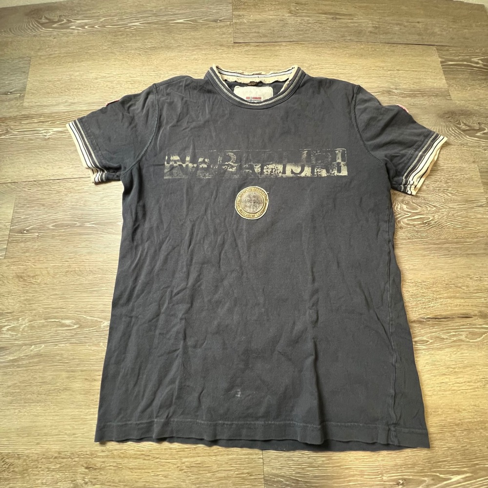 Napapijri T-Shirt Mens Medium Blue Distressed Graphic Logo Expedition Gorpcore